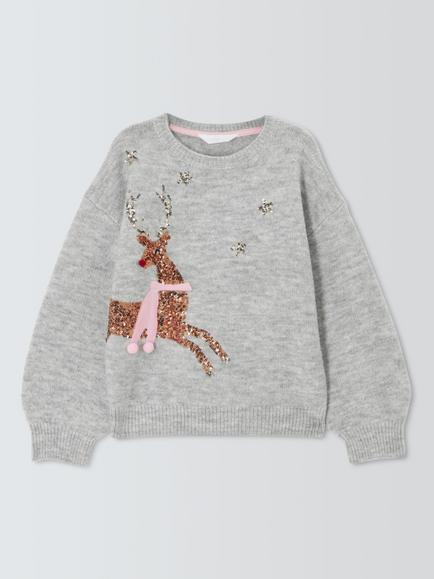John Lewis Kids' Sparkle Reindeer Jumper, Grey, Grey