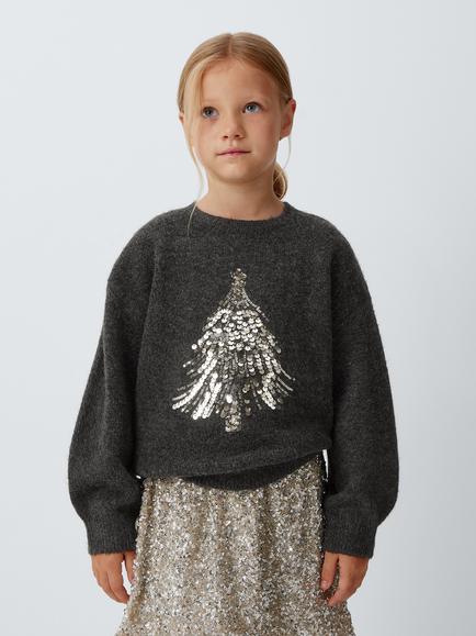 John Lewis Kids' Sequinned Christmas Tree Jumper, Grey, Grey