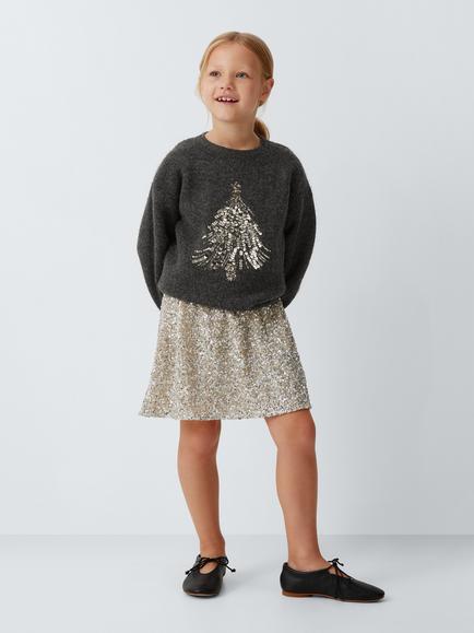 John Lewis Kids' Sequinned Christmas Tree Jumper, Grey - view 2, Grey