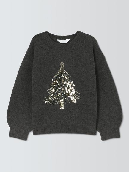 John Lewis Kids' Sequinned Christmas Tree Jumper, Grey, Grey