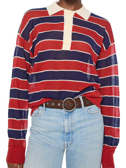 MOTHER The Biggie Raquette Striped Wool Rugby Polo Shirt, Red/Navy, Red/Navy