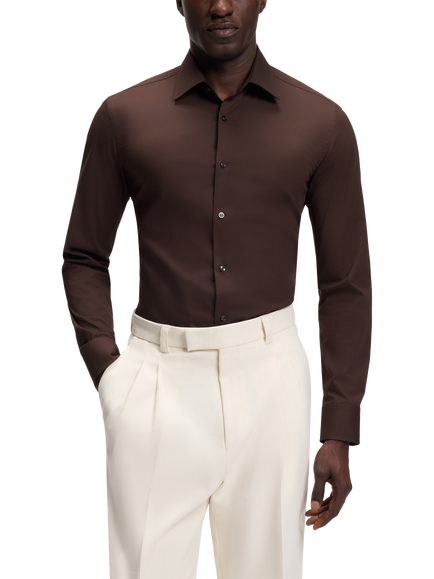BOSS Cotton Rich Slim Fit Shirt, Dark Brown, Dark Brown