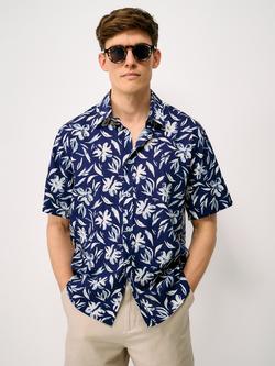 Crew Clothing Floral Print Short Sleeve Linen Cotton Blend Shirt, Dark Blue/White, Dark Blue/White