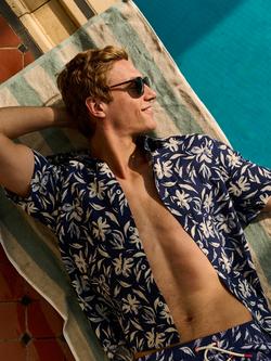 Crew Clothing Floral Print Short Sleeve Linen Cotton Blend Shirt, Dark Blue/White - view 2, Dark Blue/White