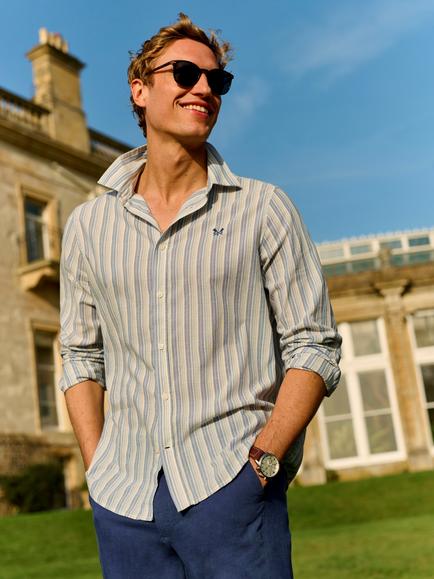Crew Clothing Pure Cotton Long Sleeve Stripe Shirt, Blue - view 2, Blue