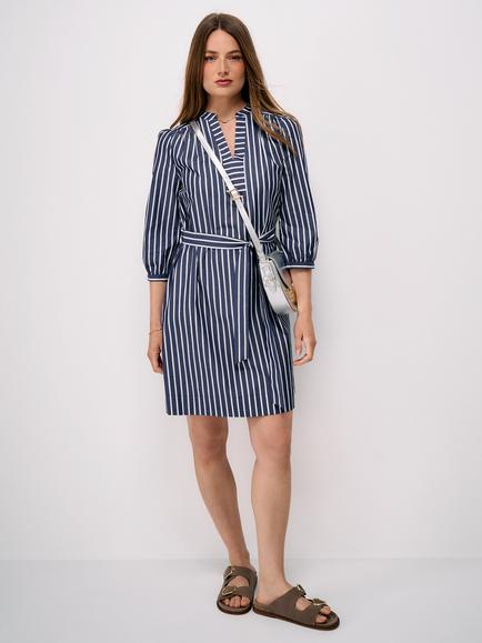 Crew Clothing Freya Long Sleeve Cotton Dress, Multi Blue, Multi Blue