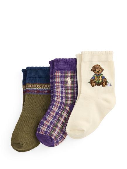 Ralph Lauren Baby Cotton Blend Crew Socks, Pack of 3, Ivory/ Purple/ Olive, Ivory/ Purple/ Olive