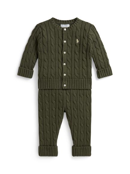 Ralph Lauren Baby Cable Knit Cardigan and Trousers Set, Cruise Olive, Cruise Olive
