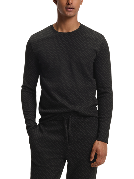 BOSS Cottton Rich All Over Print Long Sleeve Crew Neck Top, Black, Black