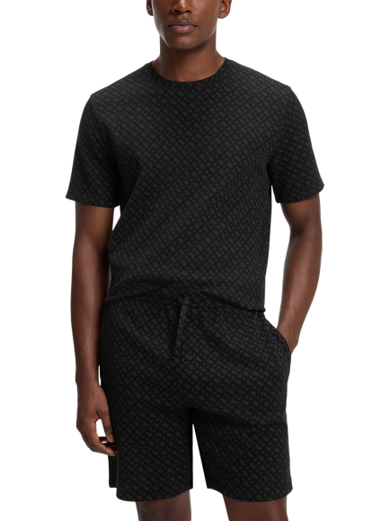 BOSS Cotton Rich Waffle Texture All Over Print T-Shirt, Black, Black