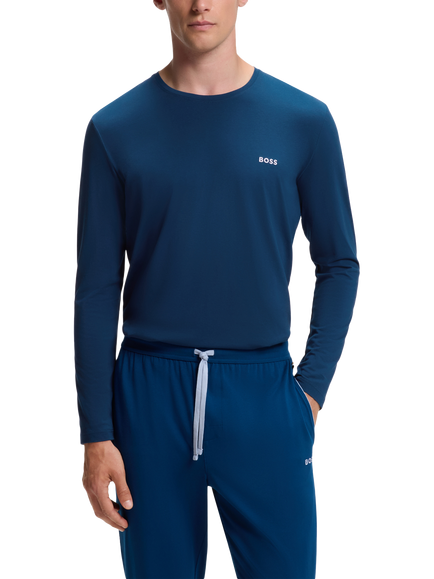 BOSS Stretch Cotton Embroidery Logo Long Sleeve Crew Neck Top, Turquoise/Aqua, Turquoise/Aqua