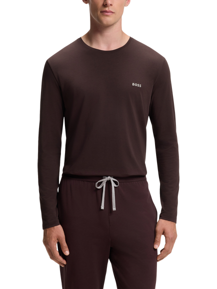 BOSS Stretch Cotton Embroidery Logo Long Sleeve Crew Neck Top, Dark Brown, Dark Brown