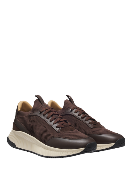 BOSS TTNM Evo Knitted Leather Trainers, Dark Brown - view 2, Dark Brown