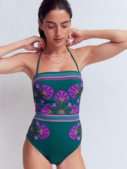 Boden Paros Embroidered Fan Bandeau Swimsuit, Blue, Blue