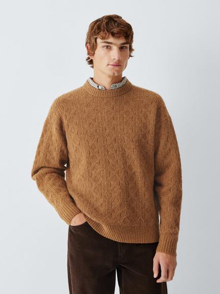 John Lewis Wool Cable Knit Crew Jumper, Chestnut