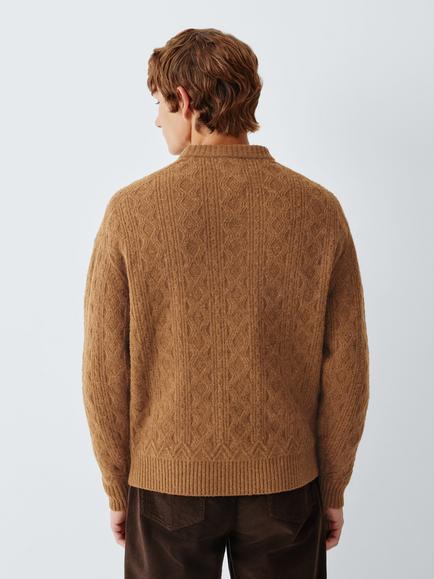 John Lewis Wool Cable Knit Crew Jumper - view 2, Chestnut