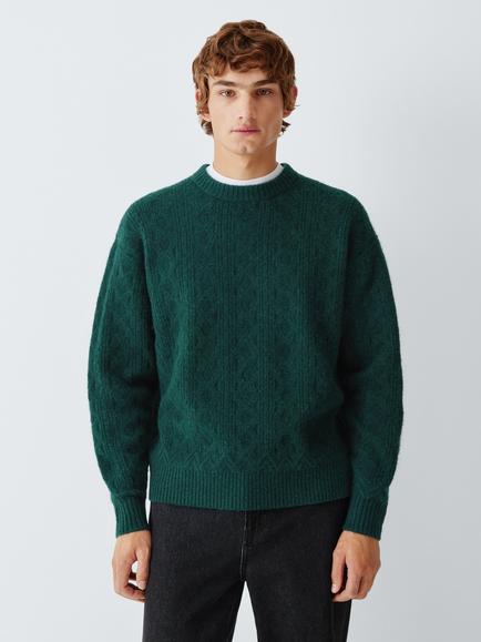 John Lewis Wool Cable Knit Crew Jumper, Darkest Spruce