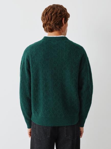 John Lewis Wool Cable Knit Crew Jumper - view 2, Darkest Spruce