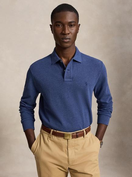 Polo Ralph Lauren Mesh Custom Slim Fit Long Sleeve Polo Shirt, Derby Blue Heather, Derby Blue Heather
