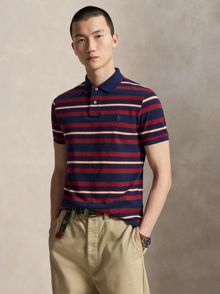 Polo Ralph Lauren Mesh Stripe Custom Slim Fit Short Sleeve Polo Shirt, Newport Navy/Multi, Newport Navy  Multi