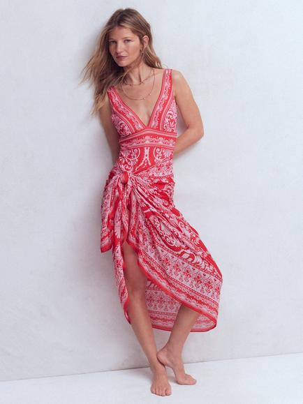 Boden Printed Sarong Scarf, Poppy Red - view 2, Poppy Red