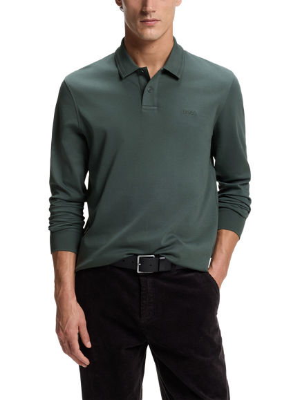 BOSS Cotton Regular Fit Long Sleeve Polo Shirt, Open Green, Open Green