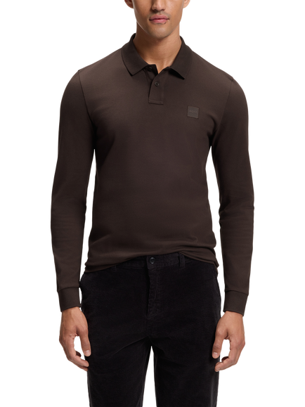 BOSS Cotton Rich Slim Fit Long Sleeve Polo Shirt, Dark Brown