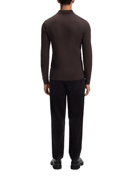 BOSS Cotton Rich Slim Fit Long Sleeve Polo Shirt - view 2, Dark Brown