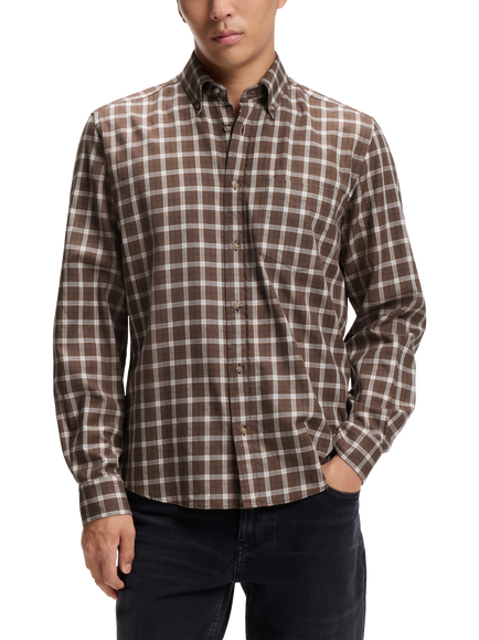 BOSS Checked Virgin Wool Shirt, Open Brown, Open Brown