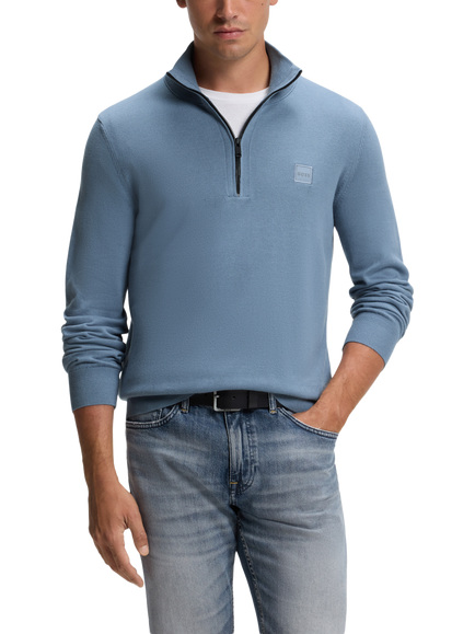 BOSS Cotton Rich Quarter-Zip Jumper, Medium Blue, Medium Blue