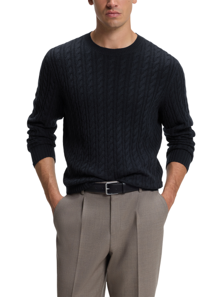 HUGO BOSS BOSS Furlan Cable Knit Crew Neck Wool Cashmere Blend Jumper, Dark Blue, Dark Blue