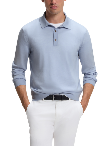 HUGO BOSS BOSS Long Sleeve Merino Wool Polo Shirt, Open Blue, Open Blue