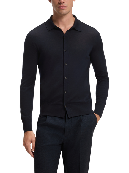 BOSS Pure Merino Wool Regular Fit Shirt Collar Cardigan, Dark Blue, Dark Blue