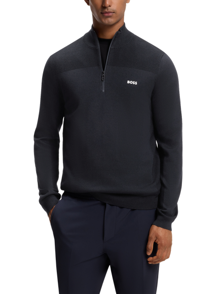BOSS Quarter-Zip Merino Wool Jumper, Dark Blue, Dark Blue