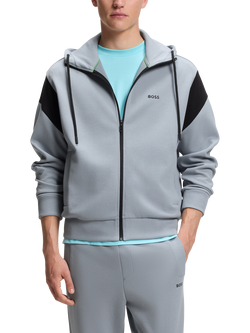 BOSS Cotton Blend Piqué  Waffle Textured Zip-Through Hoodie, Dark Grey, Dark Grey
