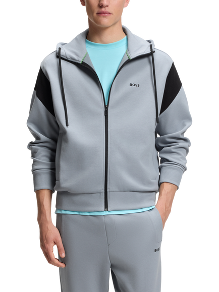 BOSS Cotton Blend Piqué  Waffle Textured Zip-Through Hoodie, Dark Grey, Dark Grey