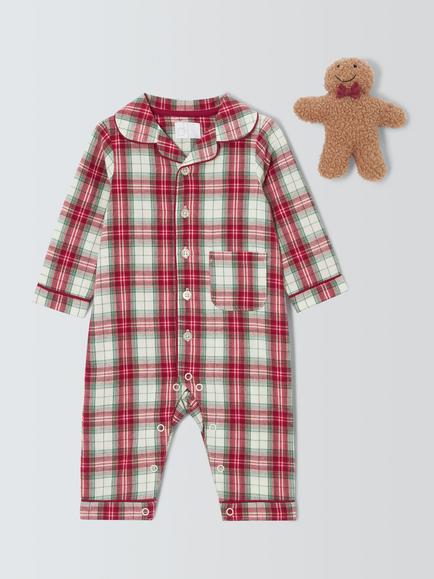 John Lewis Baby Gingham Romper & Gingerbread Man Soft Toy, Green Check