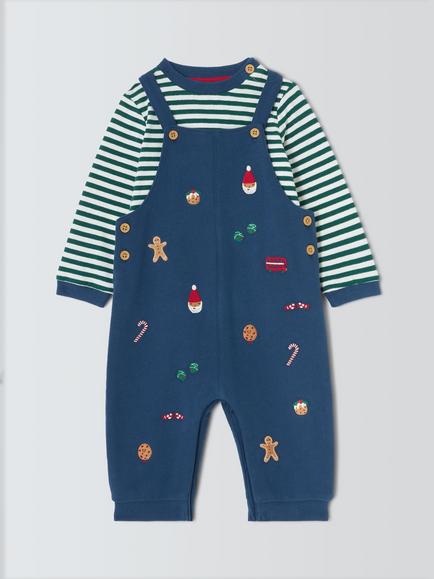 John Lewis Baby Christmas Embroidered Dungarees & Top Set, Navy, Navy
