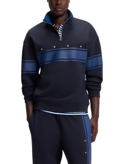 HUGO BOSS HUGO Loose Fit Zip Neck Stripe Cotton Sweatshirt, Dark Blue, Dark Blue