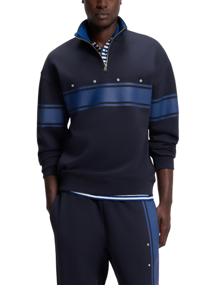 HUGO BOSS HUGO Loose Fit Zip Neck Stripe Cotton Sweatshirt, Dark Blue, Dark Blue