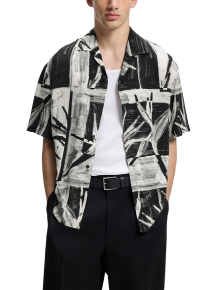 HUGO Abstract Oversized Fit Short Sleeve Shirt, Black/Multi, Black/Multi