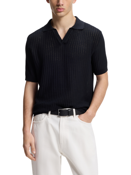 HUGO BOSS Collared Fine Knit Short Sleeve Jumper, Navy, Navy