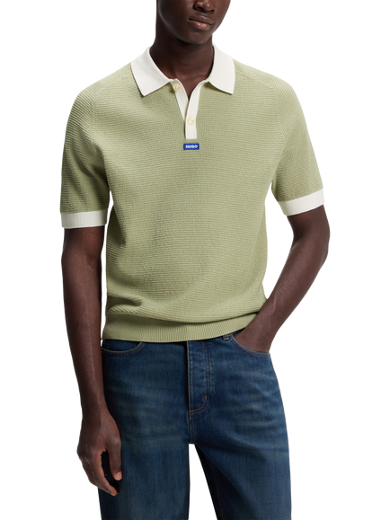 HUGO Siablo Cotton Knitted Polo Shirt, Beige Overflow, Beige Overflow