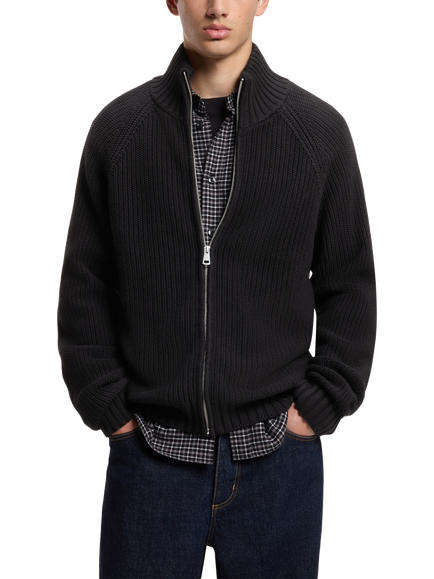 HUGO Pure Cotton Ribbed Full- Zip Loose Fit Jumper, Black, Black