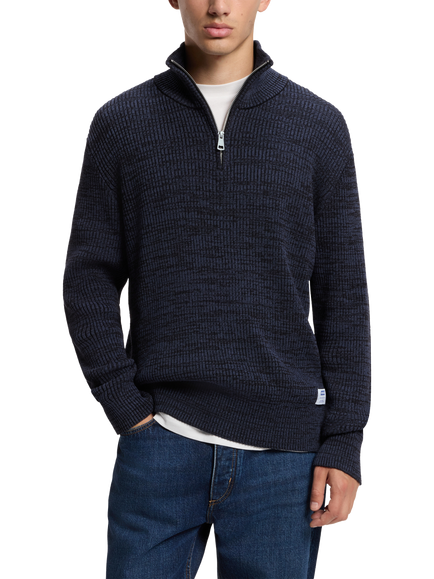 HUGO Shelvy Cotton Blend Rib Knit Quarter Zip Jumper, Black, Black