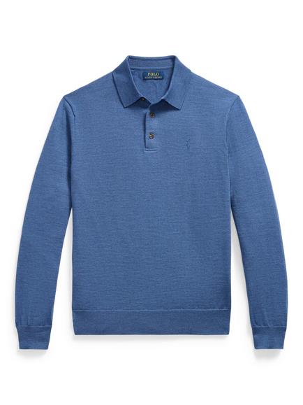 Ralph Lauren Merino Wool Plackett Knit Jumper, Blue Heather, Clarity Blue Heather