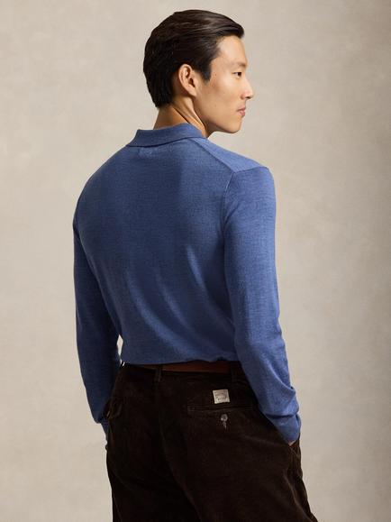 Ralph Lauren Merino Wool Plackett Knit Jumper, Blue Heather - view 2, Clarity Blue Heather