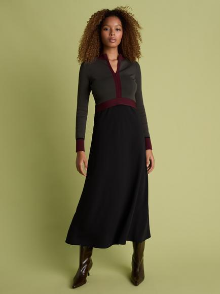 FLORERE Colour Block Fit & Flare Midi Dress, Khaki/Black/Burgundy, Khaki/Black/Burgundy