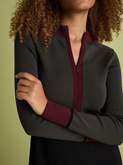 FLORERE Colour Block Fit & Flare Midi Dress, Khaki/Black/Burgundy - view 2, Khaki/Black/Burgundy