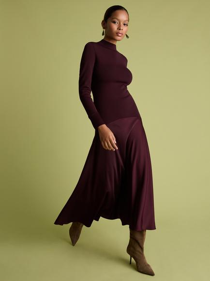 FLORERE Acacia Curved Seam Fit & Flare Midi Dress, Burgundy, Burgundy